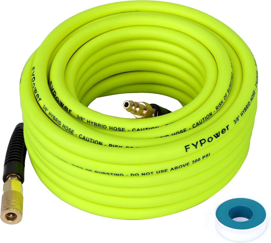 Air Compressor Hose 3/8 Inch x 50 Feet Hybrid Hose with Fittings, Flexible and Kink Resistant, 1/4" Industrial Quick Coupler and Plug Kit - Green