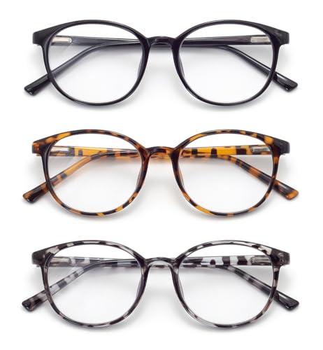 FoxMook 2-Pack Blue Light Blocking Glasses Round Women Men Computer Glasses Anti Eye Strain/UV/Glare Gaming Glasses, Black Brown-Tortoise Gray-Tortoise