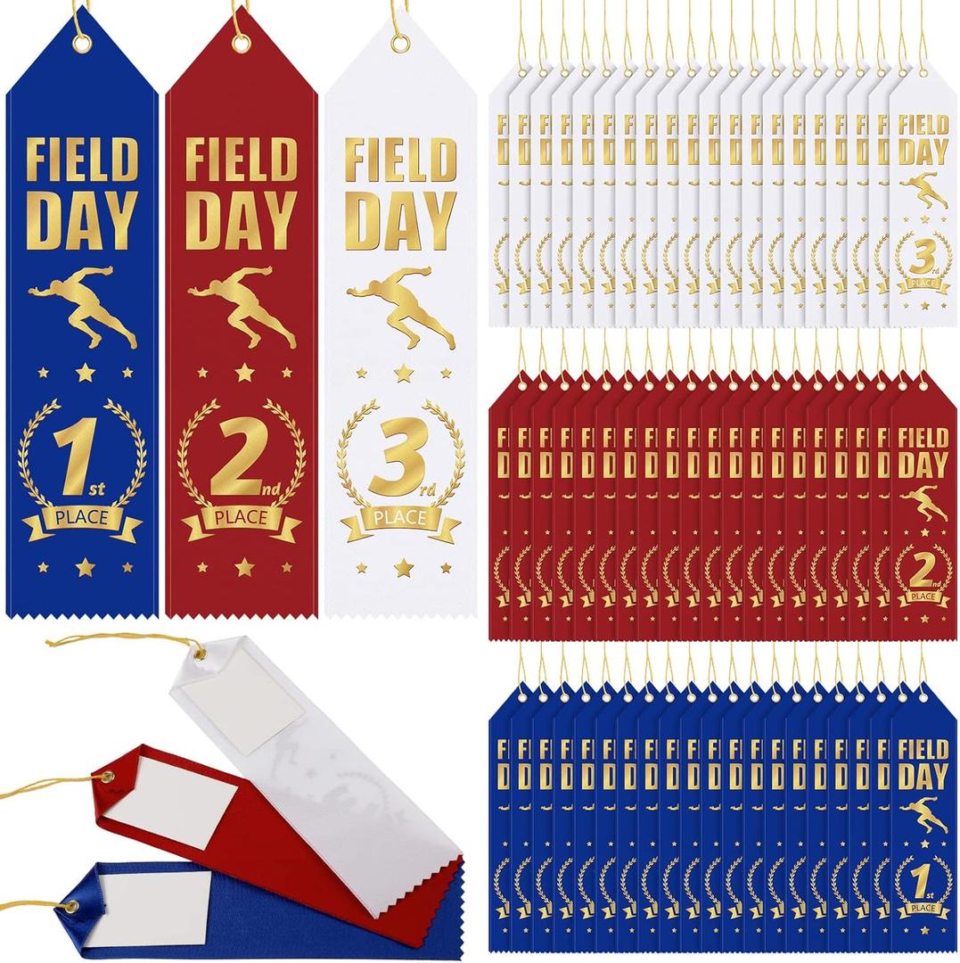 Oudain 72 Pieces Field Day Award Ribbons 1st, 2nd, 3rd Place School Field Day Ribbons with Event Card and Rope Red, Blue, White Student Awards Classroom for Competition Sports Event