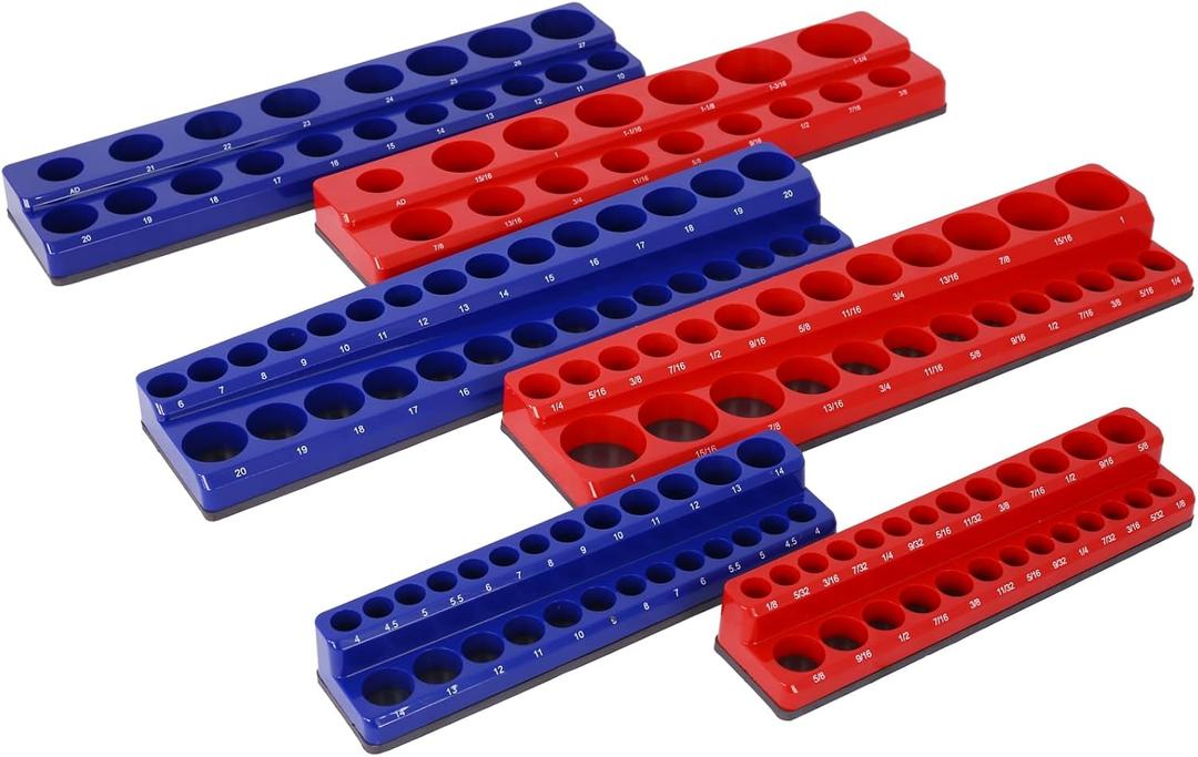 Magnetic Socket Organizer Set, 6-Piece Socket Holder Set Includes 1/4", 3/8", 1/2" Drive Metric SAE Socket Trays, Holds 141 Pieces Standard Size and Deep Size Sockets(Socket not Included),red and blue