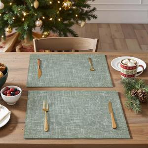 JINCHAN Burlap Textured Placemats Set of 4 Christmas Farmhouse Cloth Place Mats Table Mats Sturdy Fabric Placemats for Kitchen Dining Table Double Layer Tablemats 13 x 19 Inch Sage Green (Thick Burlap | Grey)