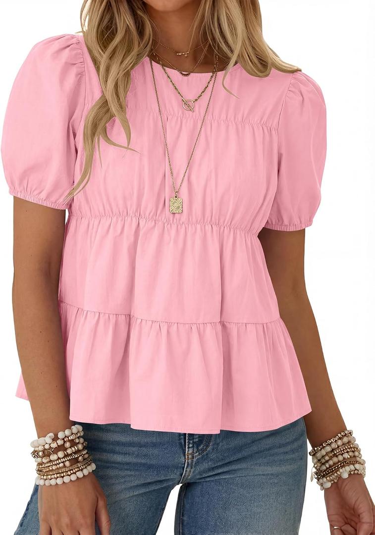 Rapbin Womens Puff Short Sleeve Babydoll Tops Summer Peplum Pleated Cotton T Shirts Casual Loose Fit Flowy Blouses (Pink, S)