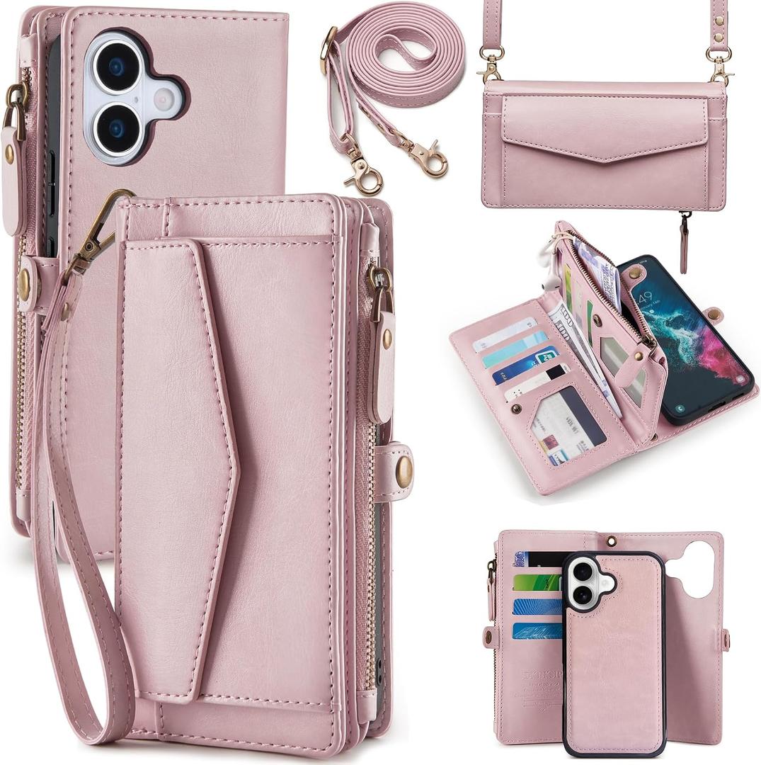 Compatible with iPhone 17 6.3" Wallet Case with RFID Blocking Card Holder for Women, PU Leather Flip Zipper Wallet Detachable Magnetic Phone Case Crossbody Strap, Pink