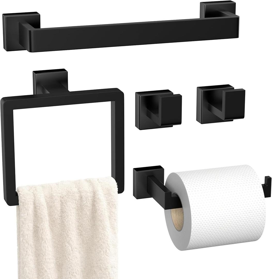 5-Pieces Matte Black Bathroom Hardware Accessories Set, SUS304 Stainless Steel Bath Towel Bar Set, Towel Racks for Bathroom Wall Mounted
