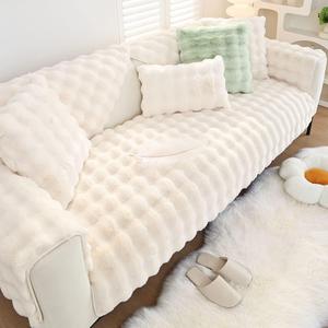 Soft Warm Faux Fur Couch Sofa Cover Thick Shaggy Fuzzy Sectional Couch Cover Non-Slip Solid Color Plush Sofa Slipcover Furniture Protector for Kids, Pets (Cream,28"x82")