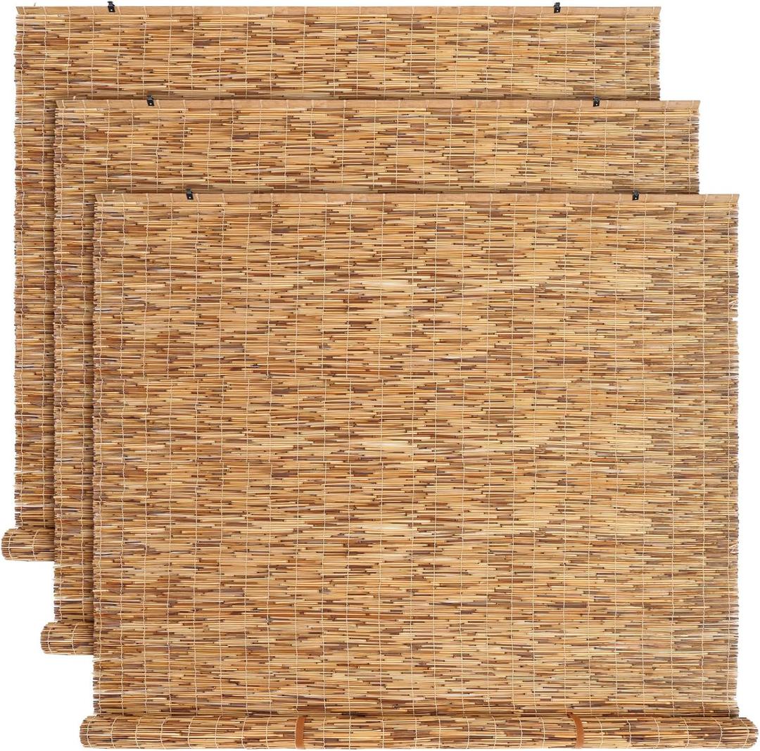 DoubleFill 3 Pcs Bamboo Shades Outdoor Reed Roll Up Blinds 72" W x 72" H Blackout Sunshade Cordless Bamboo Blinds for Home Porch, Patio & Windows Decor Shutters Sunlight Privacy Screen(Carbon Brown)