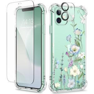 GVIEWIN for iPhone 11 Case Floral, with Screen Protector&Camera Lens Protector,[Non Yellowing] Soft Shockproof Clear Phone Protective Cover for Women, Flower Pattern Design 6.1"(Aquilegia/White)