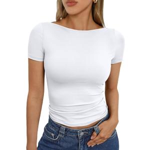 Trendy Queen Womens Boat Neck Short Sleeve T-Shirts Fitted Compression Summer Y2k Basic Tops 2026 Spring Outfits Clothes (White, XS)