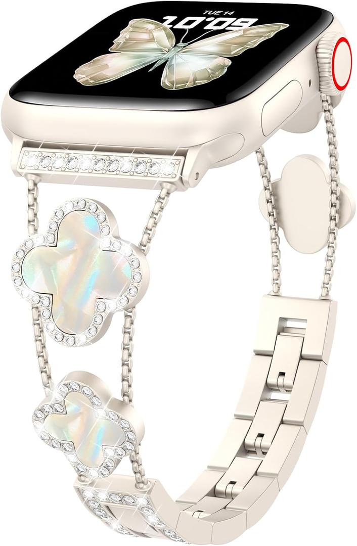 CTYBB Bling Diamond Band Compatible with Apple Watch Bands for Women 42mm 44mm 45mm 46mm Series 11 10 9 8 7 6 5 4 SE 3 2 1, Sparkle Metal Bracelet Wristband, Cute Lucky Clover Dressy iWatch Band,Starlight/White