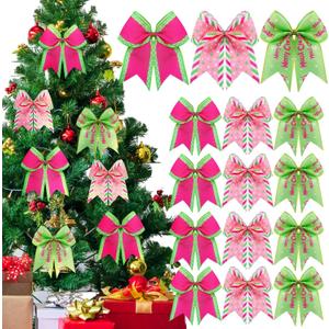 Janinka 12 Pcs Pink and Green Christmas Bows Decoration 6 Inch Large Bows for Christmas Tree Wreaths Gift Wrapping Garland Ribbons Ornaments Fireplace Front Door Staircase Decor Holiday Party Crafts