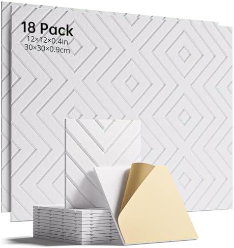 Woovio Sound Proof Foam Panels for Walls, 18 Pack Self-Adhesive Acoustic Panels, 12" X 12" X 0.4" Soundproof Wall Panels for Door, Ceiling, Home Office White