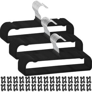 Pants Hangers Non Slip, 30 Pack Velvet Hanger for Closet with 30 Hooks, Strong Durable Space Saving Slim Pants Hanger, Ultra Thin & Space Saving Flocked Hangers for Pants/Shirts/Shorts/Bra (Black)