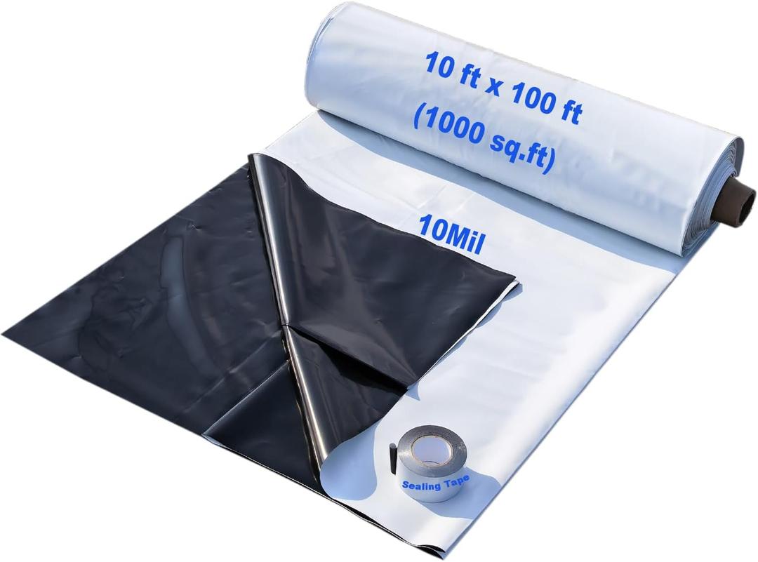 Crawl Space Vapor Barrier Kit 10 ft x 100 ft, 10 Mil Thick Plastic Sheeting with 2 in x 65 ft Sealing Tape, Black & White Poly Film for Crawlspace Encapsulation & Ground Moisture Control