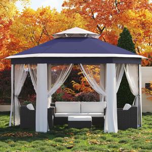 Garvee Pop Up Gazebo Screen Tent,Hexagonal Instant Gazebo Tent with Mosquito Netting Outdoor Canopy,6 Sided Sun Shelter 13x13ft with Mesh Netting,Pavilion Tents for Patio,Blue+Beige