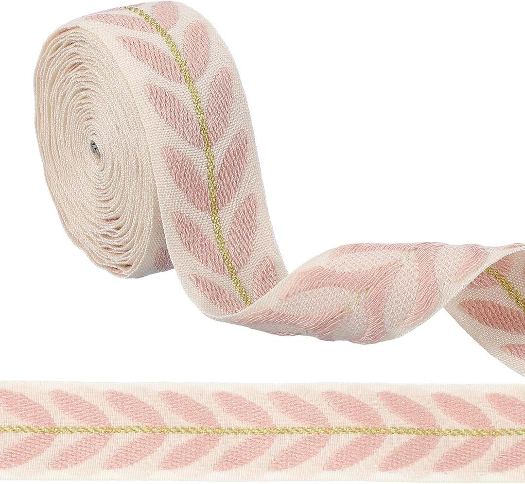 uxcell 3 Yards Jacquard Ribbon Trim, 0.98 Inch Leaf Pattern Jacquard Ribbons Decorative Fabric Woven Embroidery Trim for Sewing Handmade Crafts DIY Clothing Hat Bag Gift Wrap, Light Pink