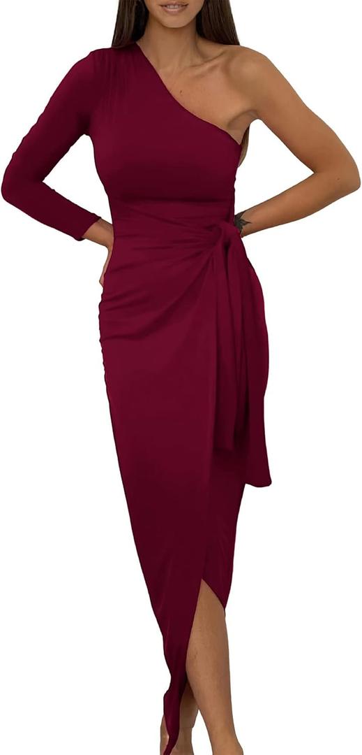 BTFBM Women Elegant Long Sleeve One Shoulder Cocktail Dress Bodycon Ruched Tie Waist Wrap Dress Solid Color Midi Party Dress (Small, Solid Wine Red)