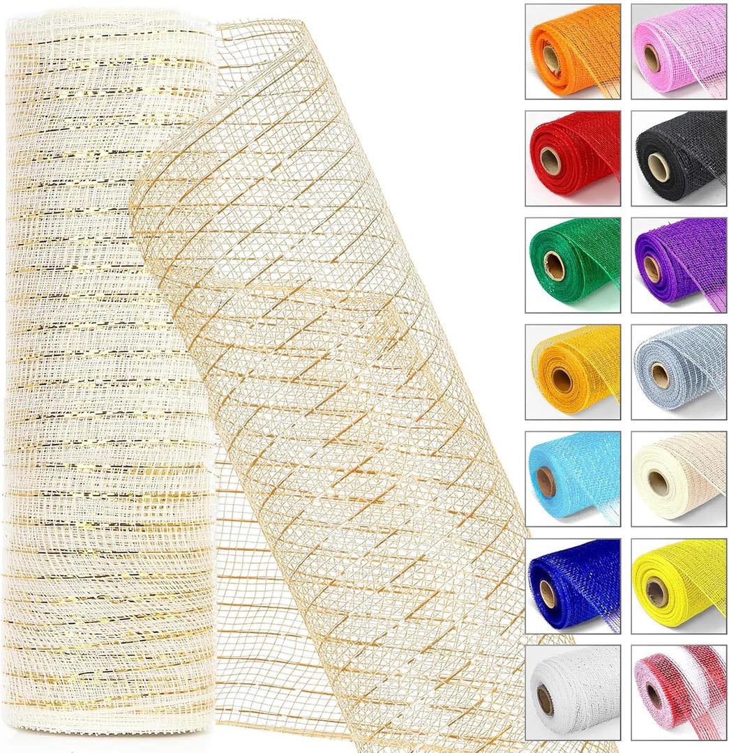 Ivory & Gold Metallic Deco Mesh Ribbon  10" x 10 Yards Roll for Wreaths, Crafts, Christmas & Halloween  Sparkly Decorative Mesh for Holiday DIY, Gift Wrapping & Party Decor (1 Roll)