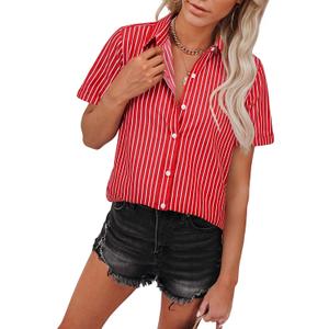 Siliteelon Striped Button Down Shirts for Women Cotton Short Sleeve Blouses Collared Shirt Office Work Going Out Tops (Red, L)
