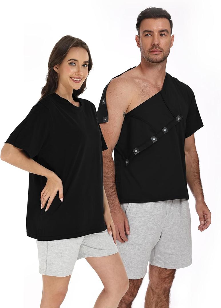 Magnetic Post Surgery Shirt for Men Women Tear Away Clothing Easy One-Handed Dressing Shoulder Surgery IV Access Dialysis (Black, M)