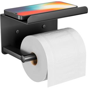 Adhesive Toilet Paper Holder with Shelf, Stainless Steel, Black