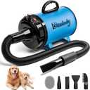 High Velocity Dog Hair Dryer 5.2HP/ 3800W Professional Dogs Blower Grooming Dryer, Adjustable Temperature and Speed Pet Dryers with 4 Nozzles and a Comb, Blue