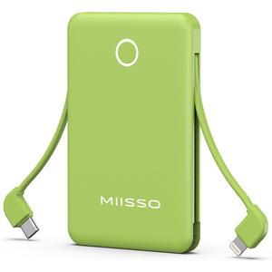 miisso 6000mah Ultra Slim Built in Cables Power Bank, Card Size Built in USB C Cords Battery Pack Portable Charger for Phones, 3 Output External Battery Pack Compatible with iPhone, Deep Green
