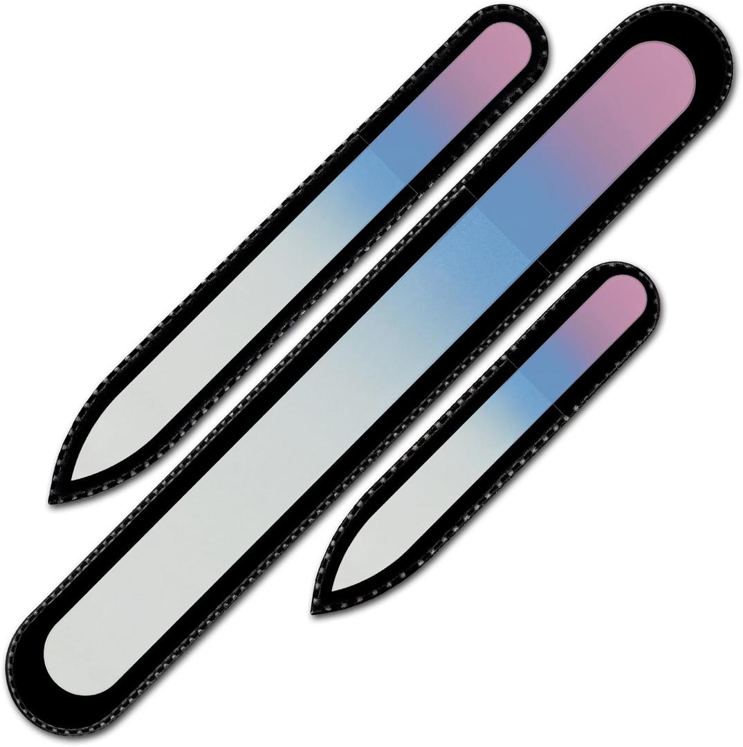 Glass Nail File Manicure Set - Mont Bleu Best Set of 3 Glass Nail Files in Pouch - Rainbow Colors - Genuine Czech Tempered Glass - Handmade in EU - Premium Nail Filer Kit for Natural Nails (Bubblegum)