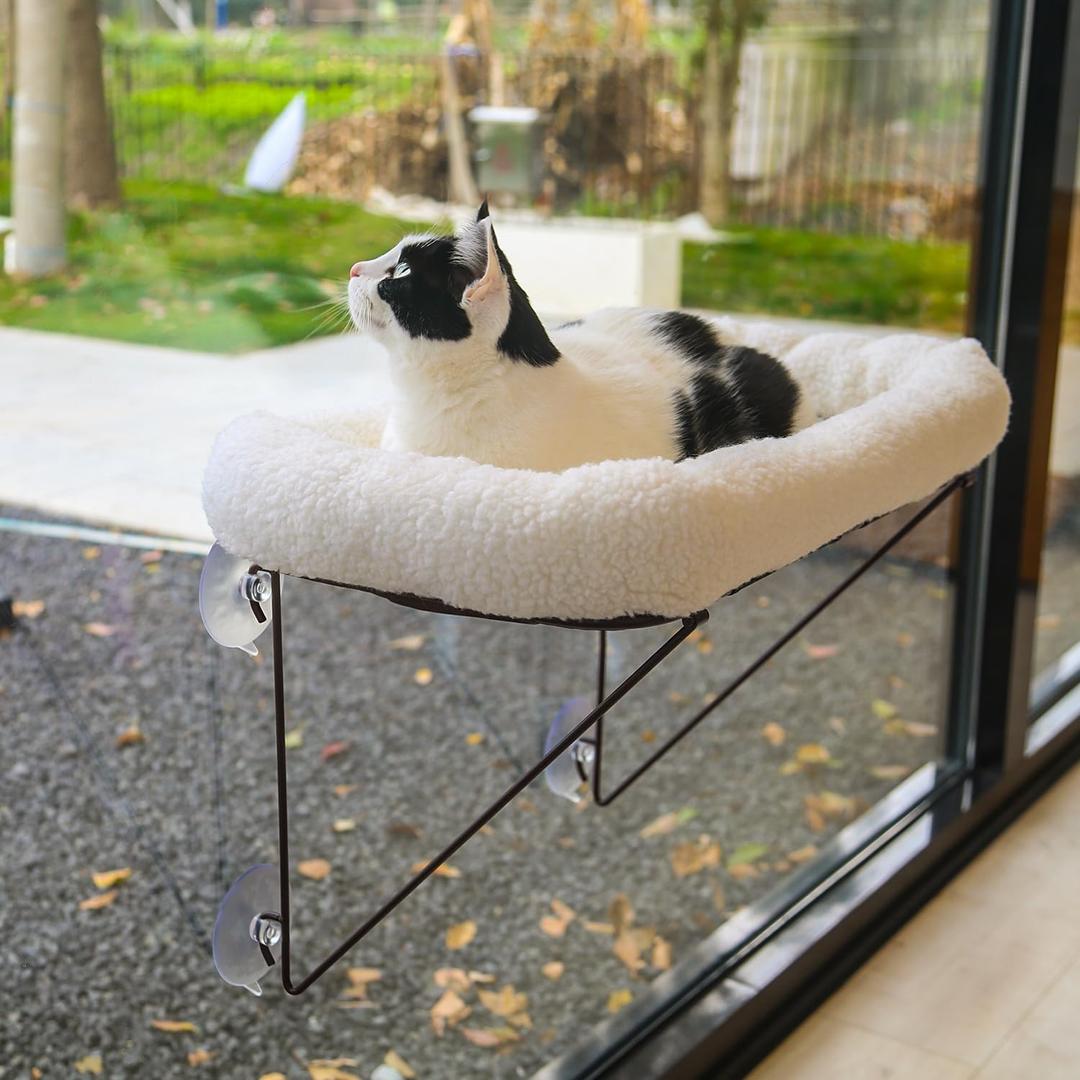 Cat Window Perch - 100% Metal Supported from Below - Comes with Warm Spacious Pet Bed - Cat Window Hammock for Large Cats & Kittens - for Sunbathing, Napping & Overlooking (White) (White)