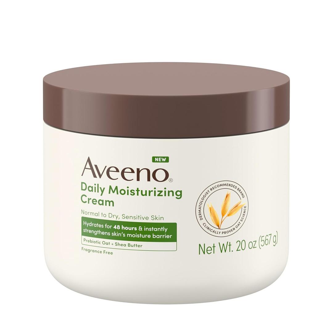 Aveeno Daily Moisturizing Cream with Prebiotic Oat & Shea Butter for Body, Face & Hands Moisturizer Cream, Hydrates Normal to Dry, Sensitive Skin, Fragrance Free, Non-Comedogenic, 20 oz 