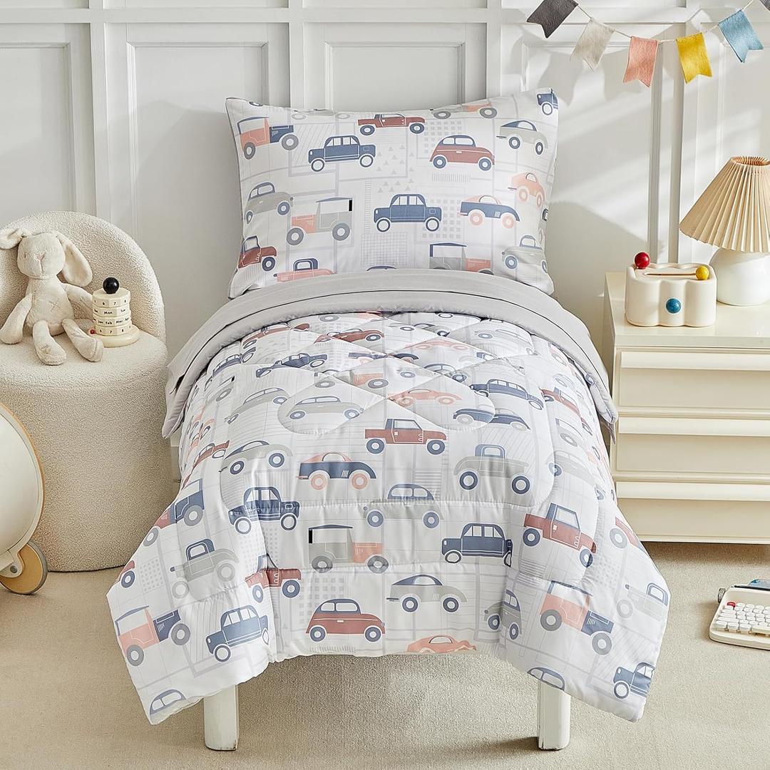 JHXHMX Car Toddler Bedding Set for Boys,4 Piece Bed-in-a-Bag Toddler Comforter Set,Soft Crib Bed Set Including Comforter,Flat Sheet,Fitted Sheet and Pillowcase-Gray