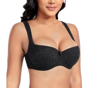 DotVol Women's Plus Size Wide Straps Lace Demi Underwire Lightly Padded Balconette Bra (36DD, Black)