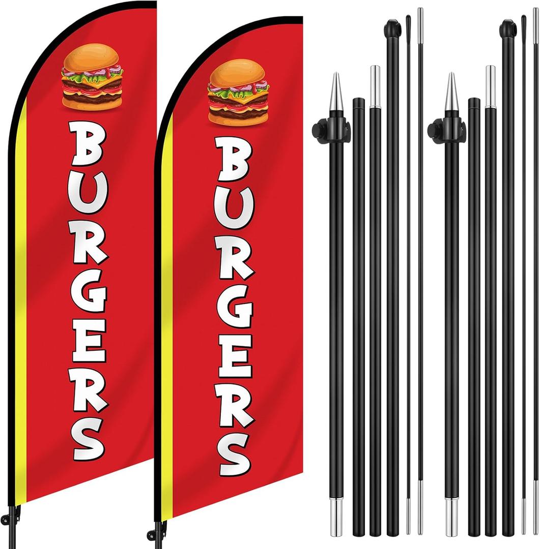2 Set 7ft Burgers Restaurant Feather Flag Banner Advertising Swooper Flag with Pole Kit and Ground Stake for Burger Restaurant Business Outdoor Decor Events Promotion
