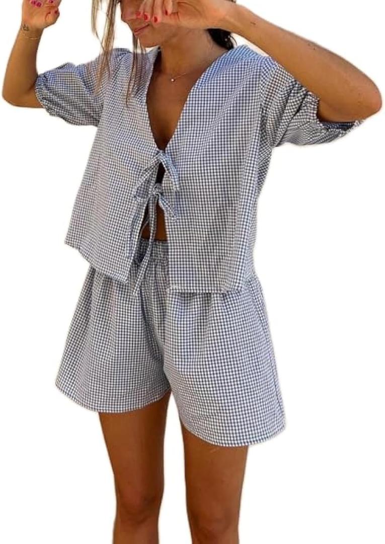 Yuemengxuan Women Y2k Peplum Shirt Shorts Set Two Piece Lounge Set Pajamas Sets Puff Sleeve Tie Front Top 2pcs Pj Outfits (Small, Blue #Ruy7)