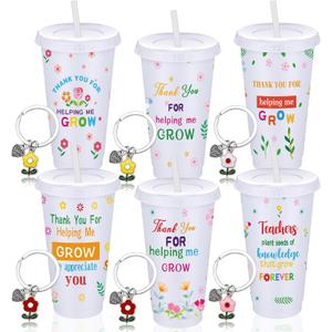Sliner 6 Set Back to School Teachers Appreciation Gifts Thank You for Helping Me Grow Cups with Lids and Straws with Flower Keychain 24oz Inspirational Tumblers Graduation Teacher Supplies for Women