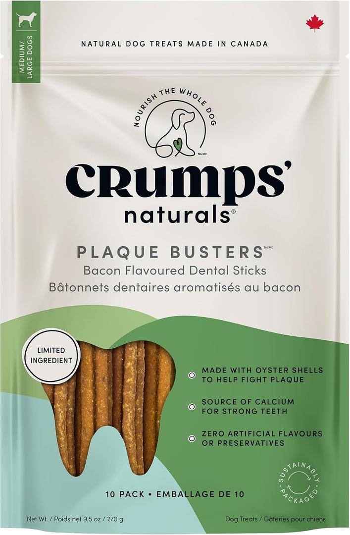 3 x Crumps' Naturals Bacon Dental Dog Treats (10 count), 7" (EXP 03/15/28)
