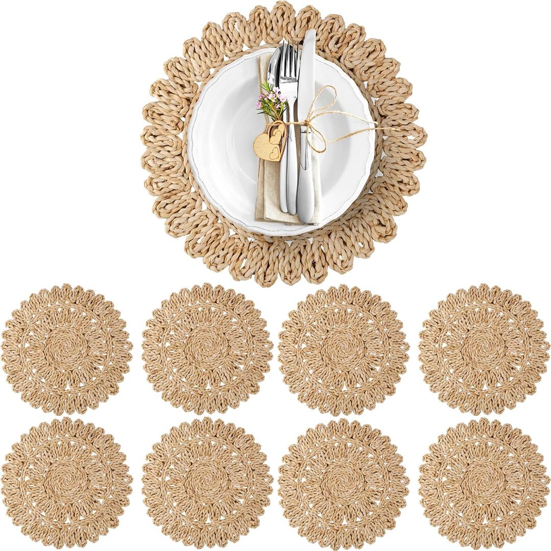 13.8" Corn Husk Woven Round Placemats Set of 8 - Wicker Boho Farmhouse Placemats - Rattan Table Mats Like Water Hyacinth for Dining Table, Wedding, Home
