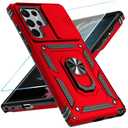 SunStory Phone Case for Samsung Galaxy S22 Ultra 5G Case with HD Screen Protector & Slide Camera Cover & Rotated Ring Kickstand, [Military-Grade] [2 in 1] Phone Case for Galaxy S22 Ultra 6.8",Red