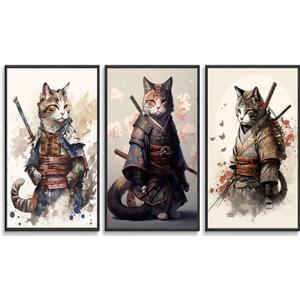 3Pcs Japanese Samurai Cat Wall Art Vintage Cool Cat Posters Prints Funny Animal Cat Pictures Paintings for Living Room Wall Decor Print Bedroom Home Artwork Unframed