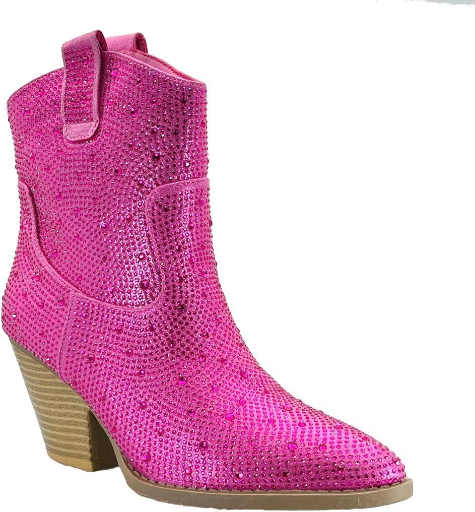 ABSOLEX Women Western Cowgirl Cowboy Pointed Toe Rhinestone Ankle Booties (7, Fuchsia)