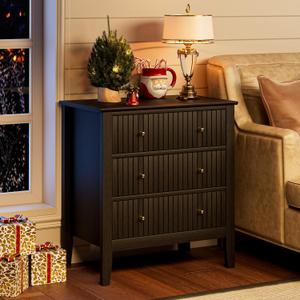 Night Stand, Fluted 3 Drawer Wide Farmhouse Nightstand with Gold Handle, Modern Wooden Bedside End Table for Bedroom, Living Room, Black