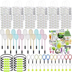 98 Pcs Tennis Party Favors, Tennis Party Decorations Includes 50 Stickers 12 Mini Racket Keychain 12 Charm Bracelets Racket Shape Pens Paper Bags