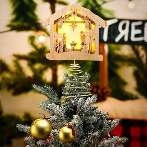 Vercraft Christmas Tree Topper Treetop Nativity Scene Christian Religious Rustic Lighted Tree Toppers Christmas Decorations with LED for Holiday Ornaments Decor (Vintage Color)
