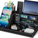 TopMade Wireless Charger Desk Nightstand Organizer, Leather Pen Holder Office Supplies Desk Accessories Fast Charging Station, Remote Control Holder, for iphone Charger Stand Gifts for Men (Black)