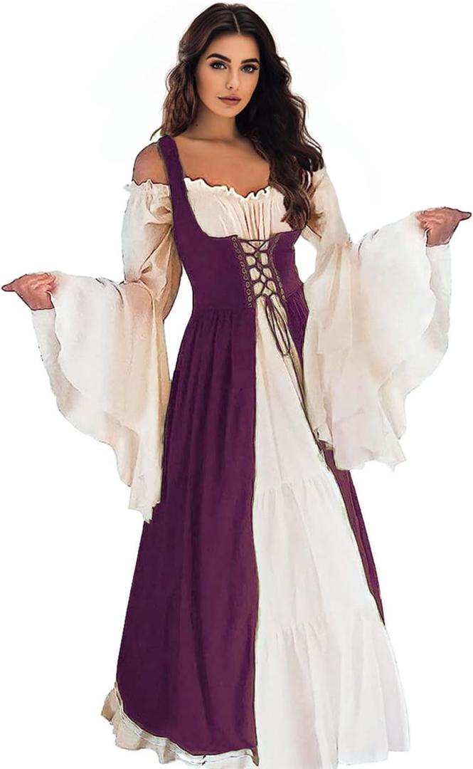 Renaissance Dress Women Irish Medieval Pirate Costume Ren Faire Dresses Halloween Costume (XX-Large-3X-Large, Purple)
