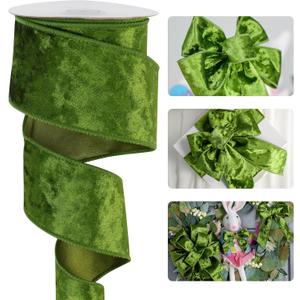 2 x HUIHUANG Moss Green Velvet Wired Ribbon 2-1/2 inch, Light Moss Wire Edge Ribbon for Spring Wreaths, Bows Making, Gift Wrapping, Gift Basket, Garland, Crafts, Easter Decor-Continuous 10 Yards/Roll