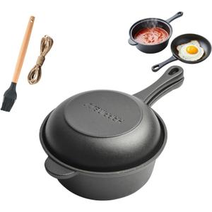 Cast Iron Saucepan - 7-Inch Small Cast Iron Pot with Lid & Silicone Basting Brush - 1.06 Quart Saucepan for Frying, Stewing, and All Stovetops, Suitable for 1-2 people