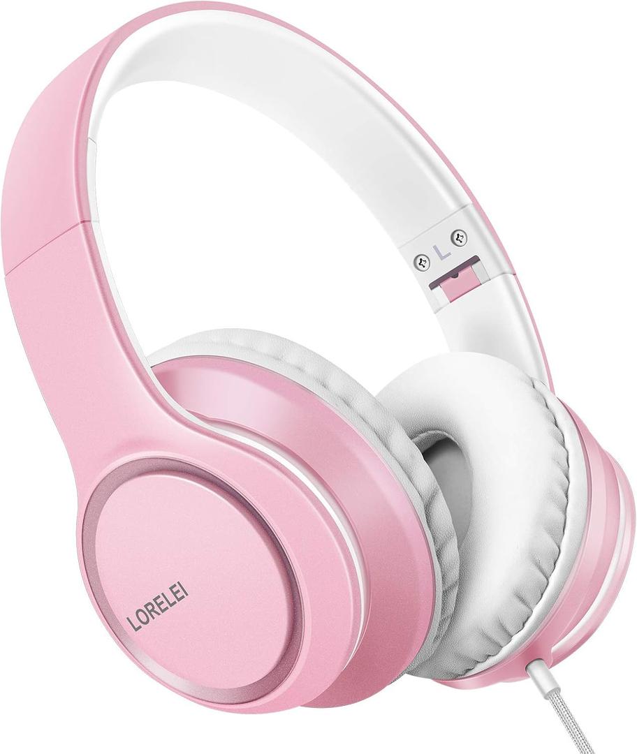 LORELEI X8 Over-Ear Wired Headphones with Microphone with 1.45m-Tangle-Free Nylon Line&3.5mm Plug,Lightweight Foldable & Portable Headphones for Smartphone,Tablet,Computer,Mp3/4Pearl Pink