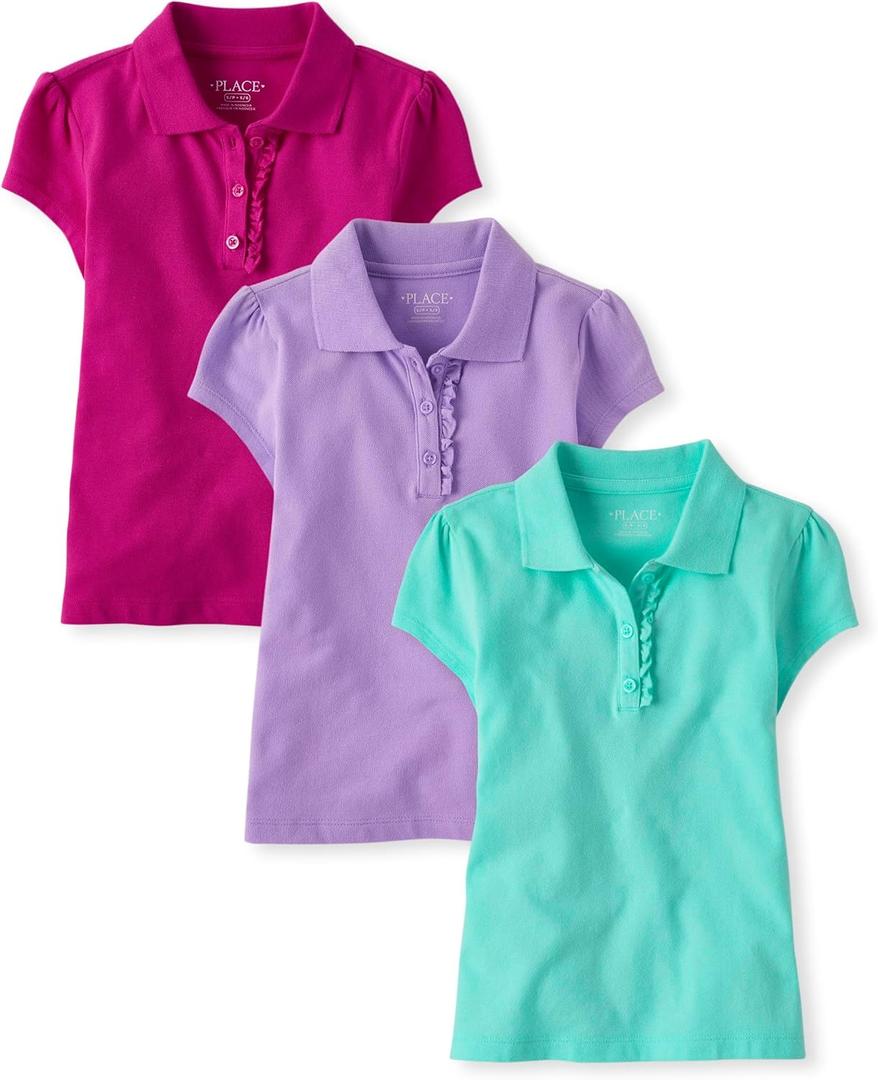 The Children's Place Girls' Short Sleeve Ruffle Pique Polo, 3 Pack (X-Large, Seafrost/Aurora Pink/Purple)
