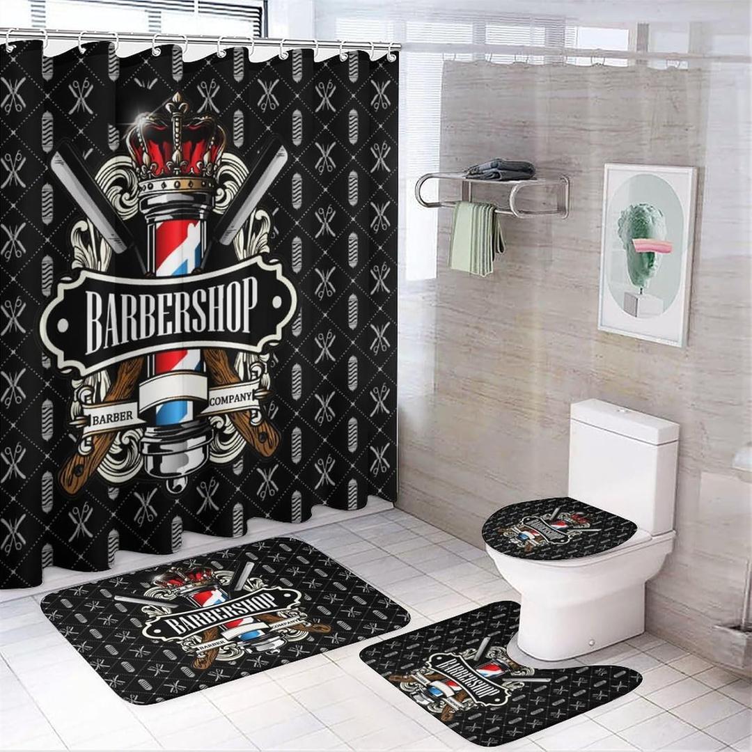 Brebasf Barber Shop Company 4 Pcs Shower Curtain Bathroom Set Abstract Modern Beauty Salon 3D Printed (2) Shower Mat Shower Curtain with Rug 12 Hooks,72" W x 72" L