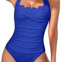 Eomenie Women One Piece Tummy Control Swimsuit Halter Scallop Trim Bathing Suits 1 Piece Vintage Ruched Slimming Swimwear, S